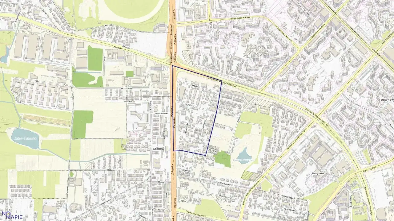 Mapa przedstawia obszar wpisany do rejestru zabytk&oacute;w, z zaznaczonymi ulicami i budynkami.
