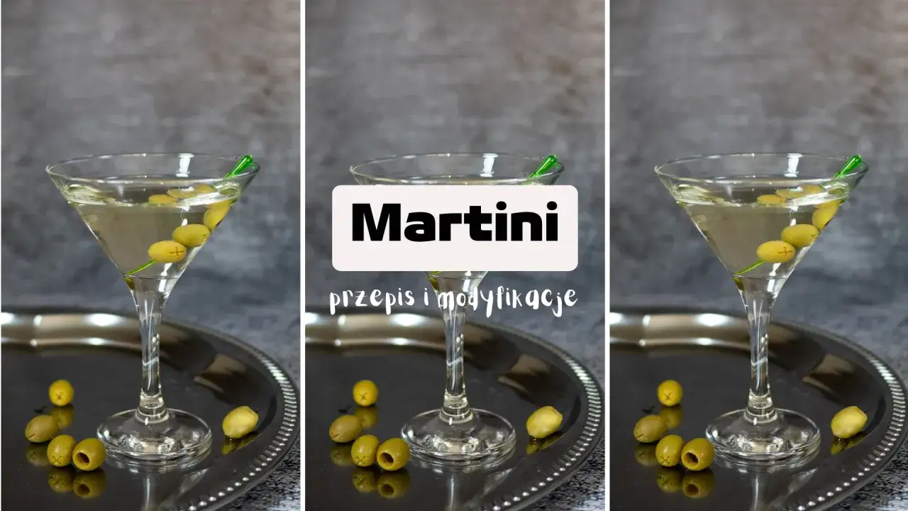 Składniki do Vodka Martini na drewnianym blacie: wódka, wermut, oliwki, cytryna