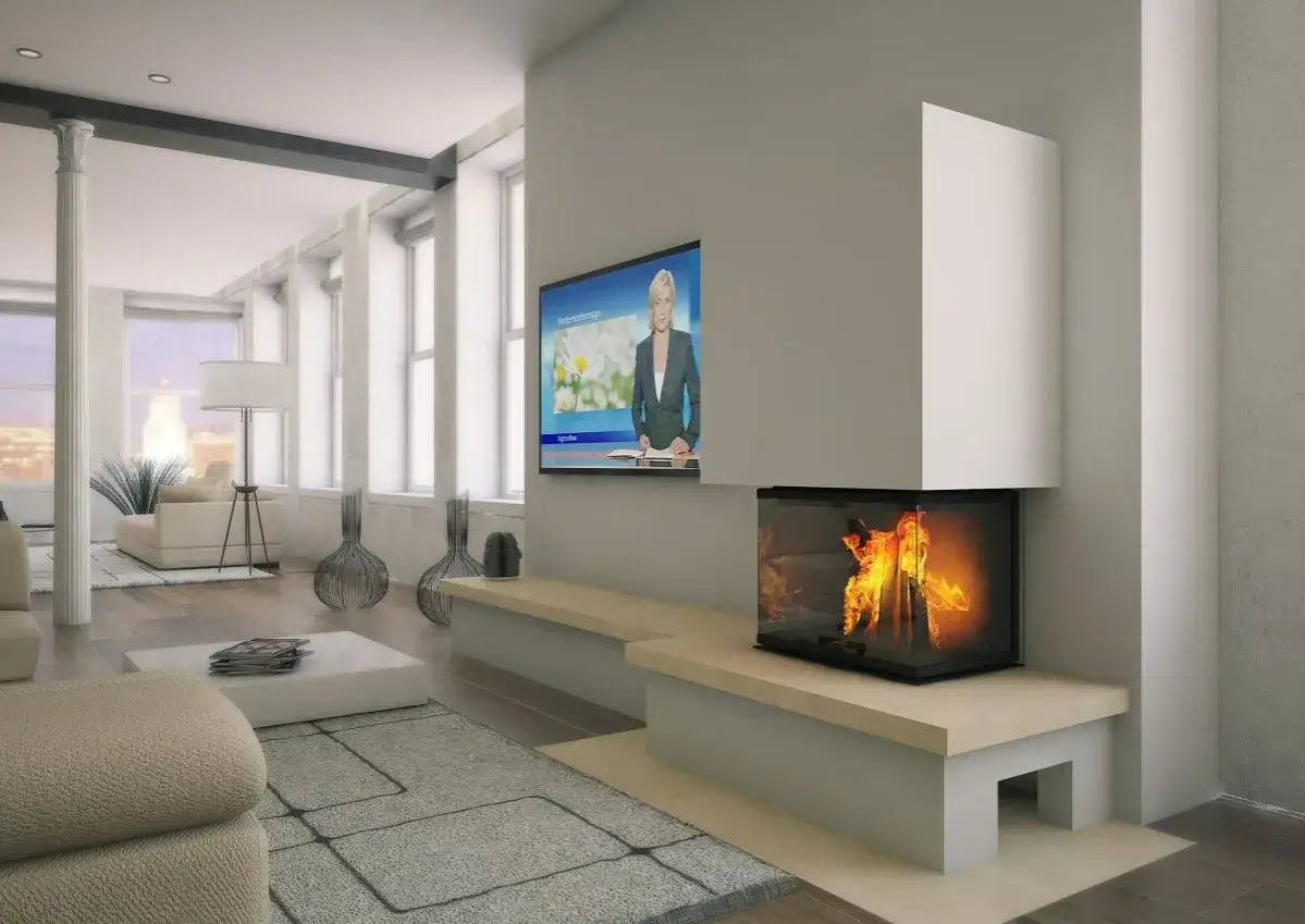 Modernas chimeneas de leña de obra con fuego encendido, integradas en un salón elegante con TV y mobiliario contemporáneo.