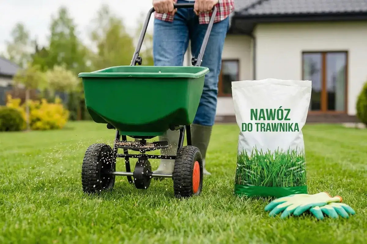 Stosowanie nawozu Yara Mila Complex na trawnik to klucz do jego pięknego wyglądu. Wózek rozsypuje nawóz, zapewniając równomierne odżywienie.