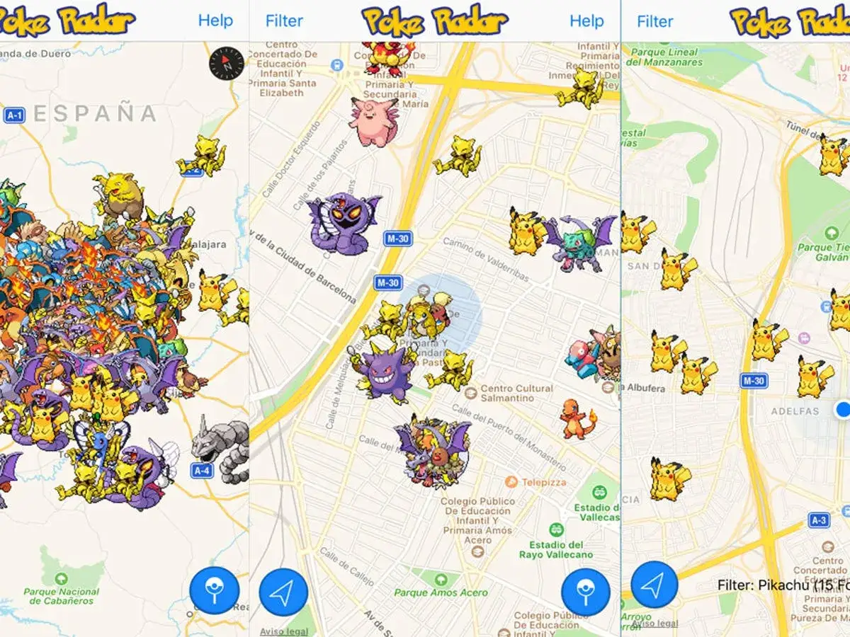 Una guía de Pokémon GO muestra un mapa con muchos Pokémon. ¡Encuentra a Pikachu y otros en tu área!
