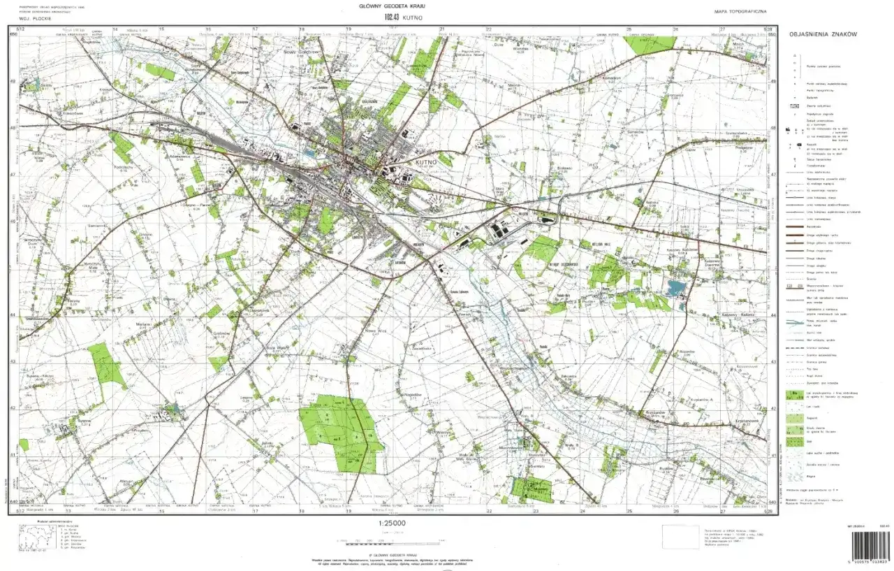 Mapa topograficzna Kutna i okolic. Widać tu **ustalenie granic** teren&oacute;w leśnych i zabudowy, a także **rozgraniczenie** p&oacute;l uprawnych i dr&oacute;g.