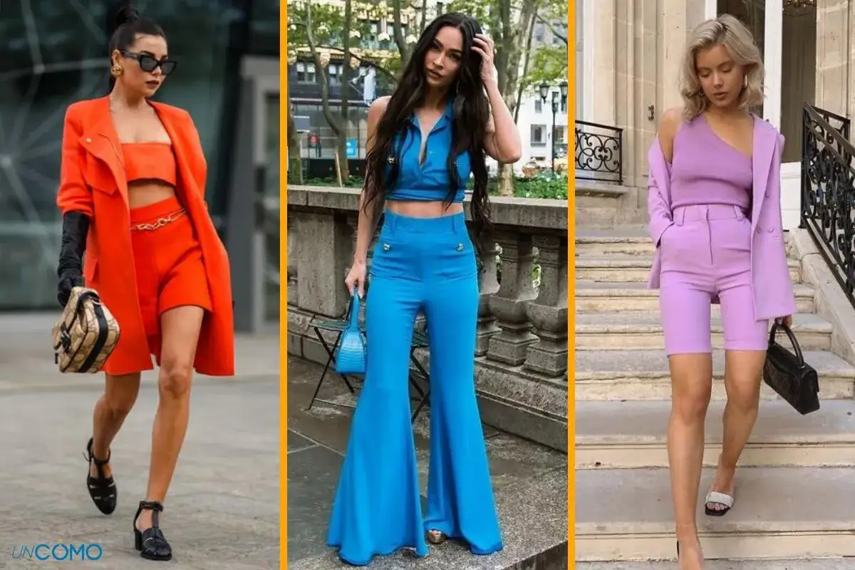 Tres mujeres lucen atuendos vibrantes, capturando los **colores del verano**: naranja brillante, azul eléctrico y lila pastel.
