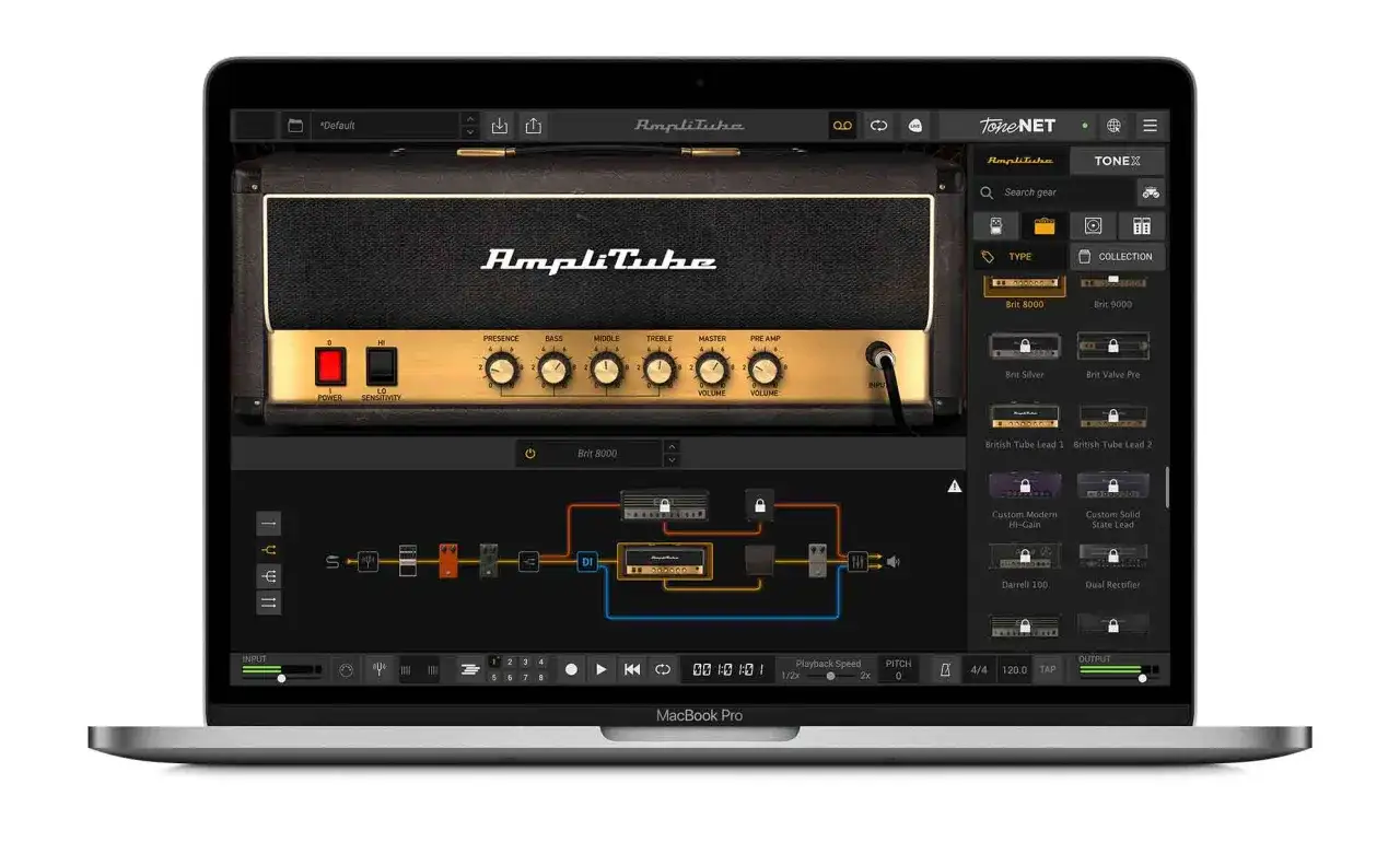 AmpliTube software on a MacBook Pro, showcasing amp models like Brit 8000, Brit 9000, and Darrell 100, offering amped roots free.