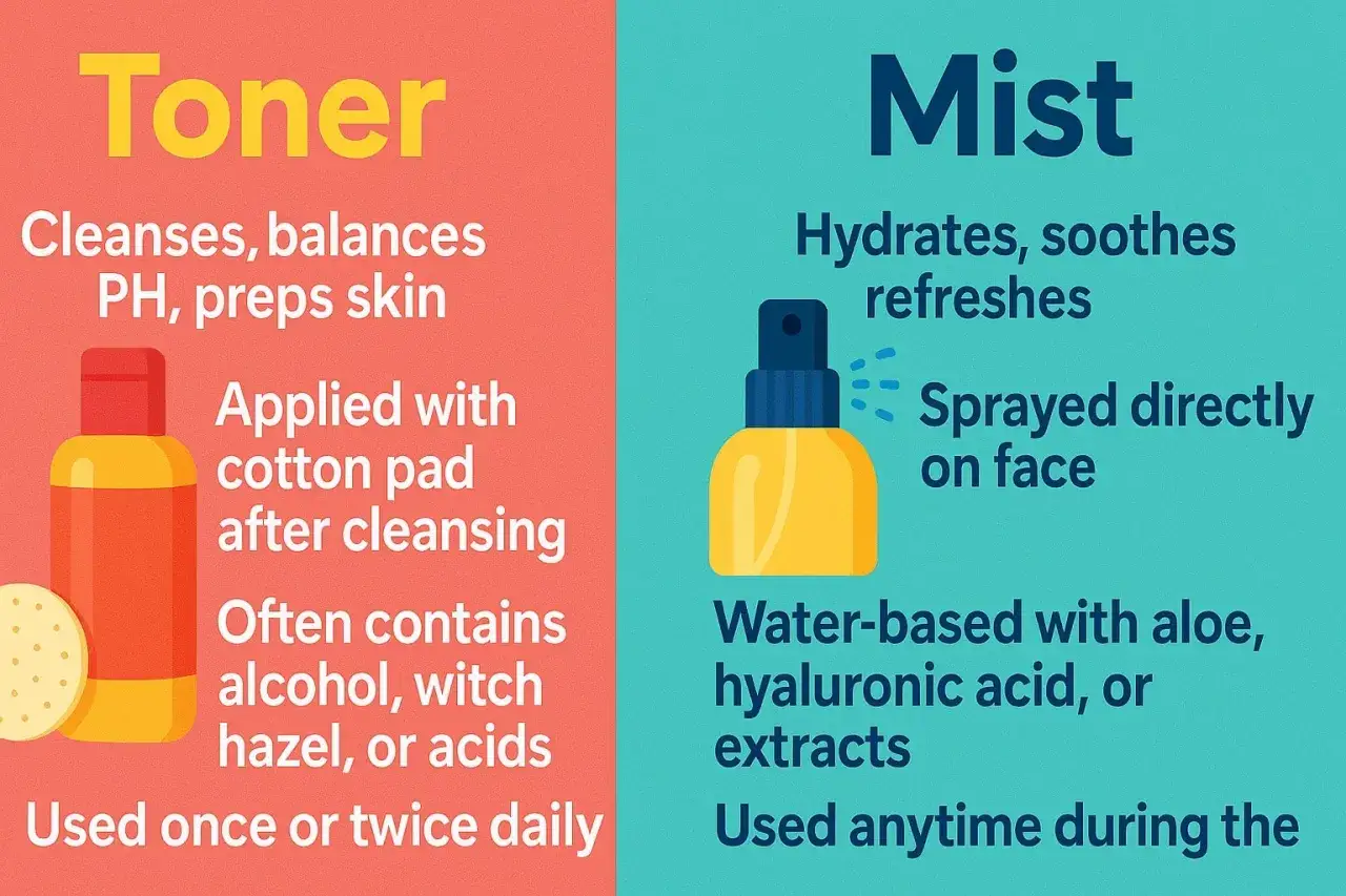 Unterschied Toner und Gesichtswasser: Toner reinigt & bereitet vor, Gesichtswasser (Mist) erfrischt & hydriert. Beide wichtig f&uuml;r die Hautpflege.
