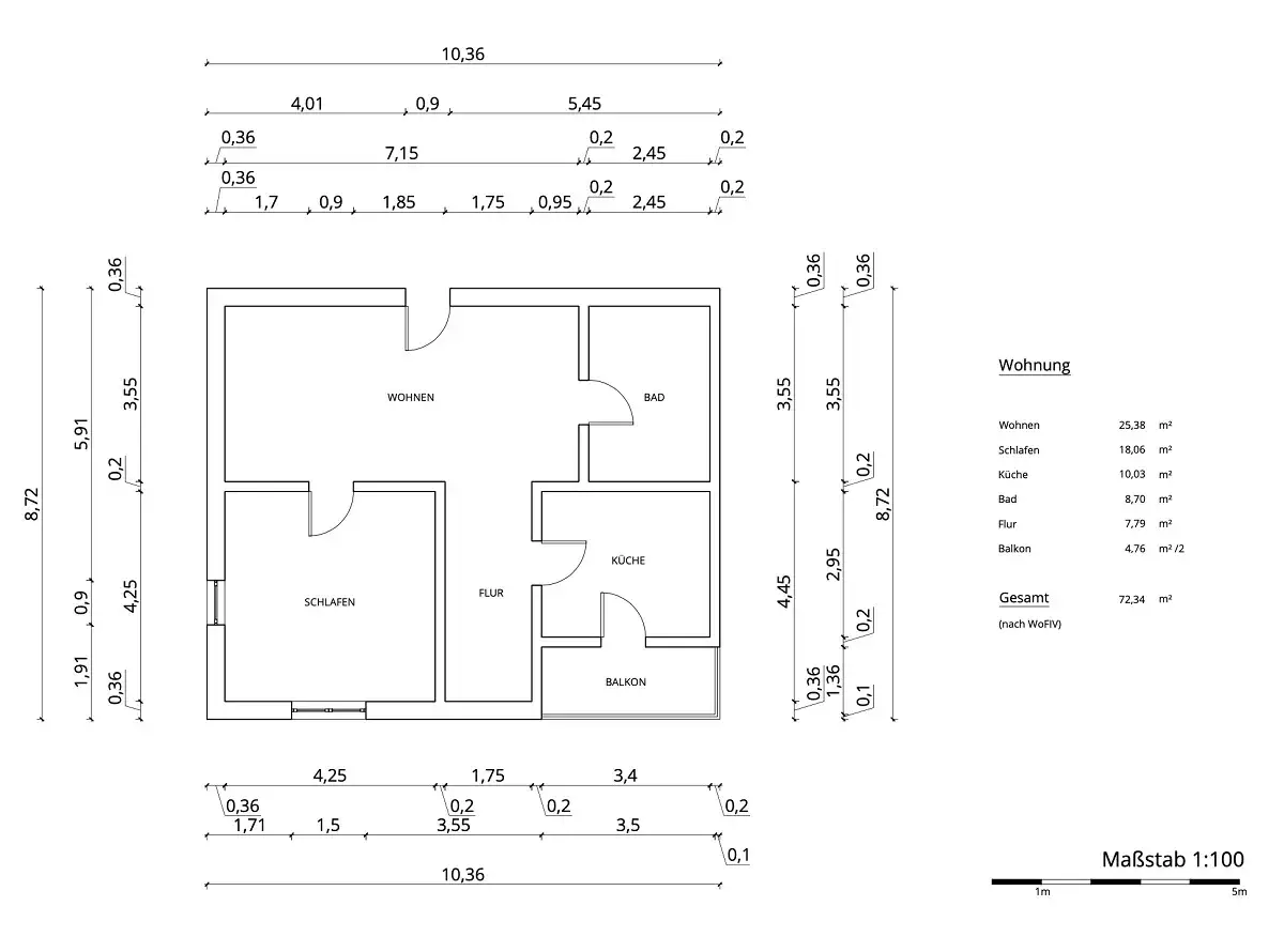 Grundriss einer Wohnung mit Ma&szlig;en. Hier kann man das Quadratmeter berechnen Wohnung f&uuml;r jeden Raum und die Gesamtfl&auml;che.