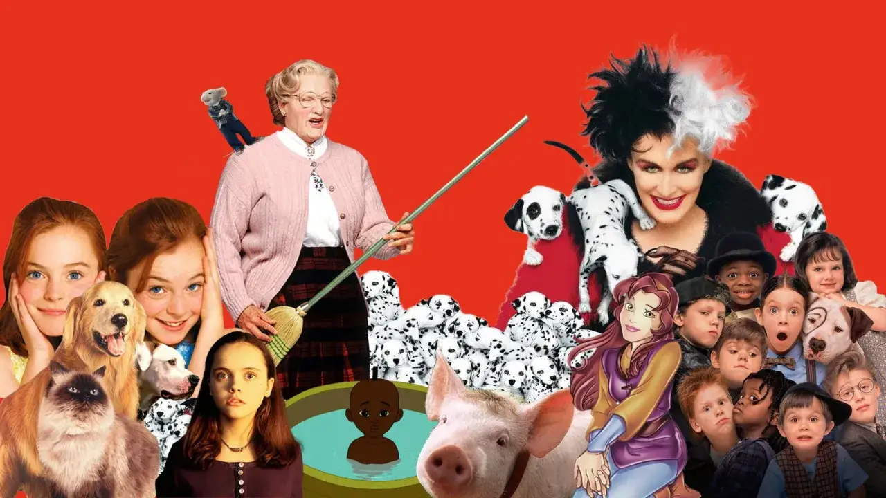 En collage av karaktärer från klassiska barnfilmer från 90-talet, inklusive Mrs. Doubtfire, Cruella de Vil och en grupp barn.