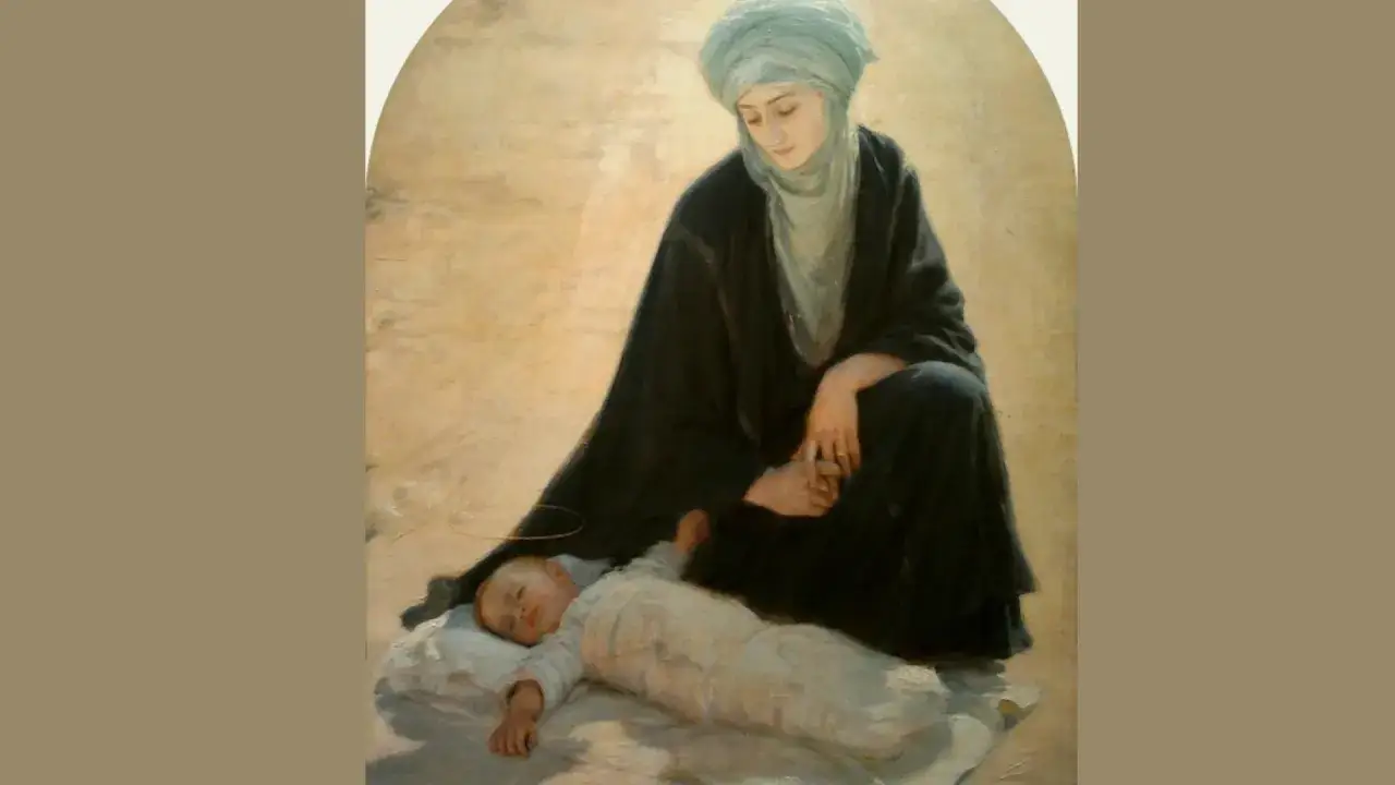 Kobieta w hidżabie czuwa nad śpiącym dzieckiem. Obraz nawiązuje do postaci Jezusa w islamie, czczonego jako prorok.
