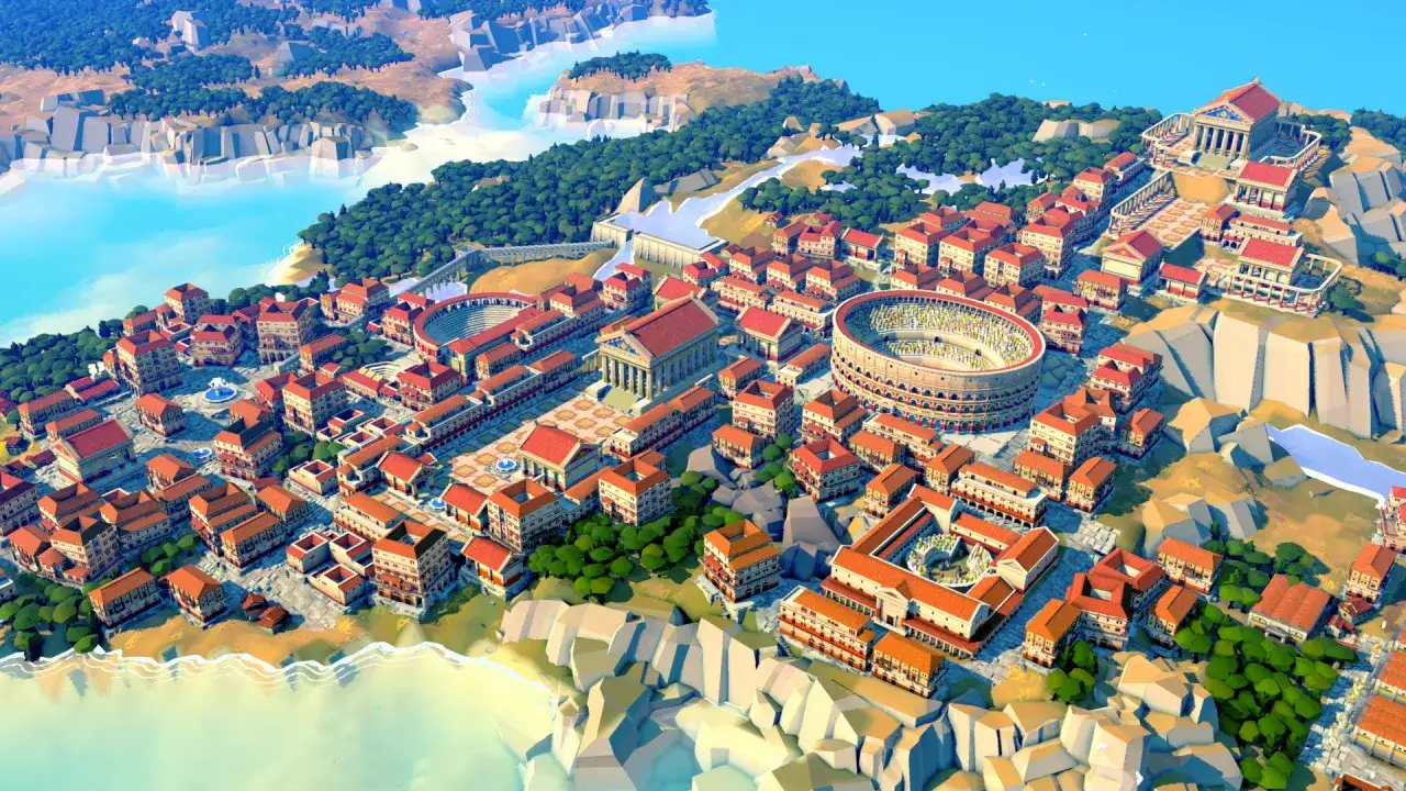 Vista a&eacute;rea de una ciudad romana con el Coliseo y un templo, anno 117 pax romana. Edificios de terracota y m&aacute;rmol se extienden hasta el mar.
