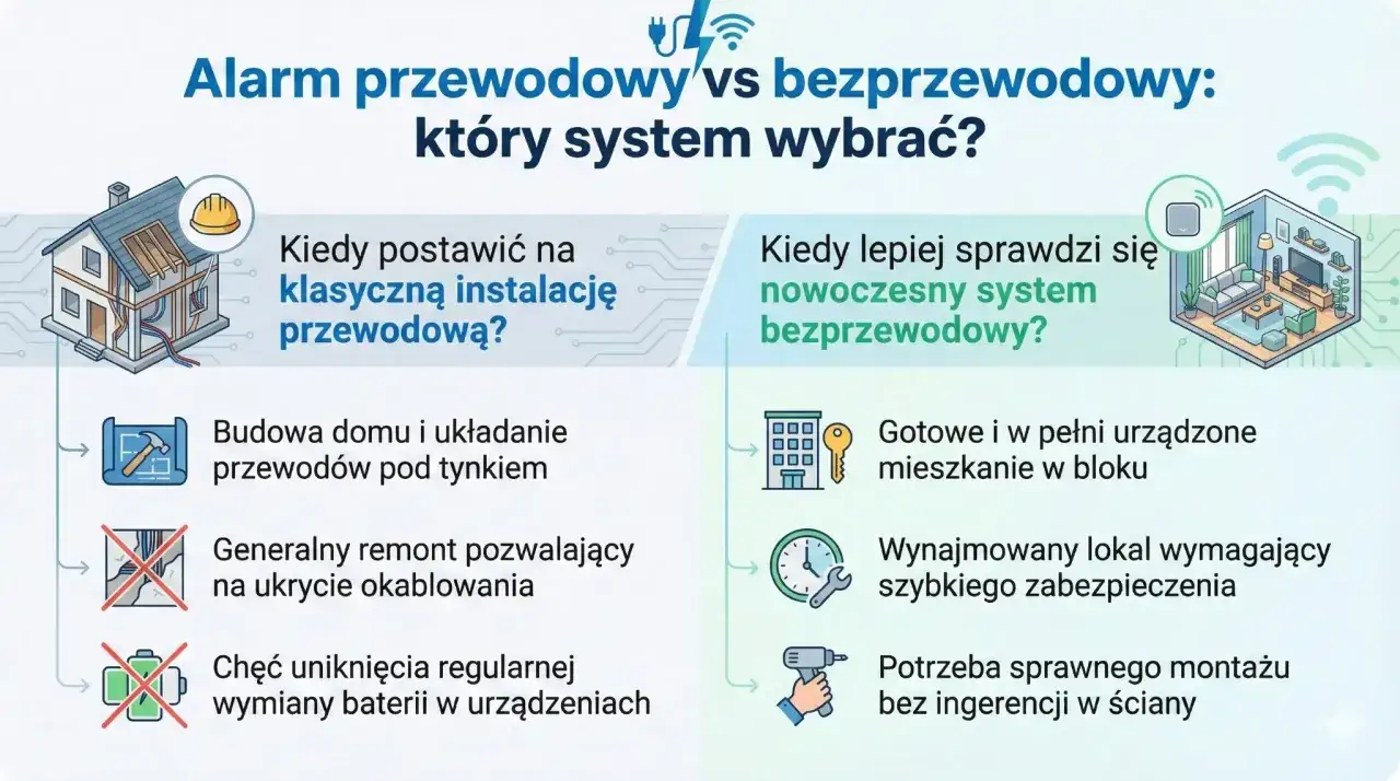 Porównanie alarmu przewodowego i bezprzewodowego. Wybór systemu sygnalizacji włamania i napadu zależy od potrzeb: budowa domu, remont, mieszkanie w bloku czy wynajem.