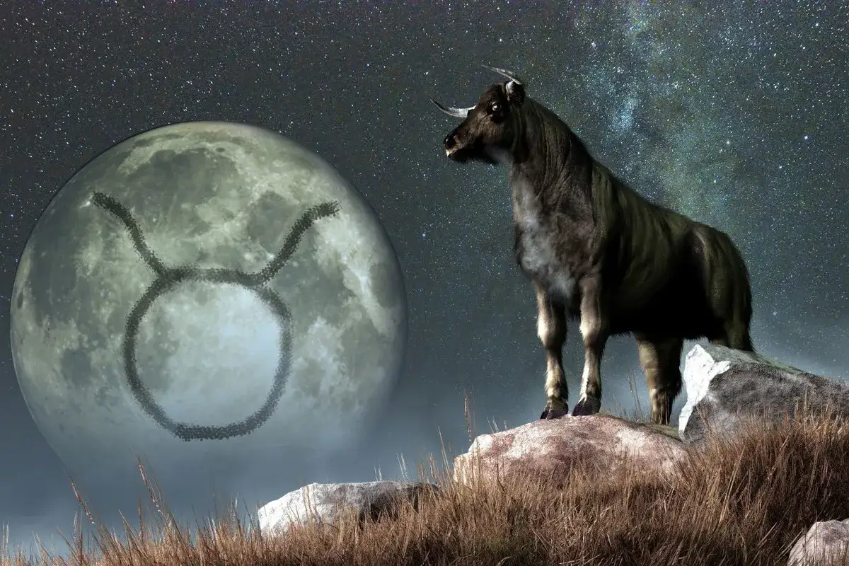 Byk na tle księżyca z symbolem zodiaku. Nocne niebo pełne gwiazd. Ascendent w byku.