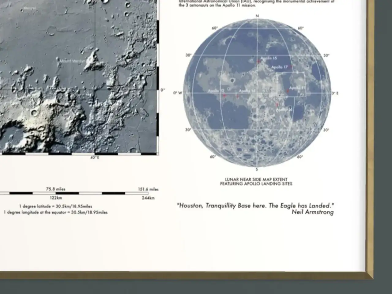 Mapa Księżyca z zaznaczonym miejscem lądowania Apollo 11. Cytat Neila Armstronga: 