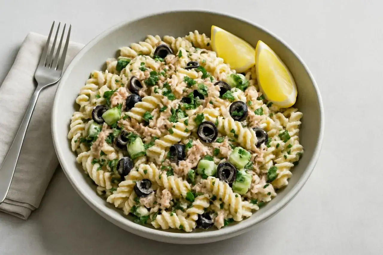En skål med tonfisksallad med pasta, svarta oliver, gurka och persilja, garnerad med citronklyftor.