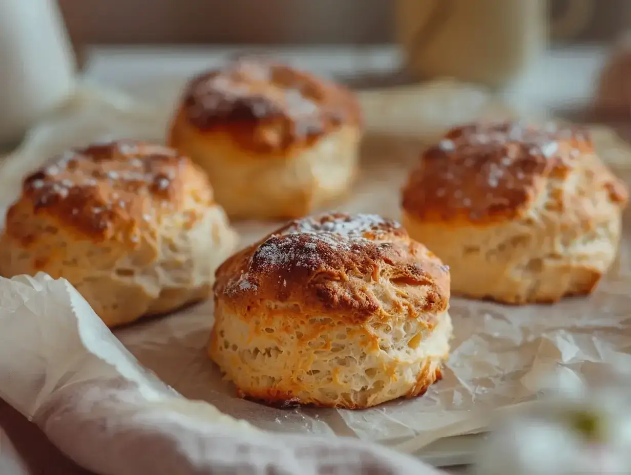 Färska scones, perfekt för att baka med filmjölk. Pudrade med florsocker och redo att avnjutas.