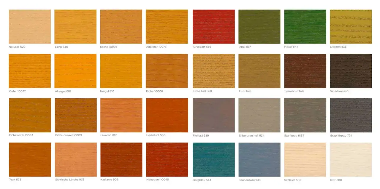 Nuancier saturateur bois : échantillons de teintes allant du naturel au brun foncé, en passant par des tons jaunes, rouges, verts et gris.