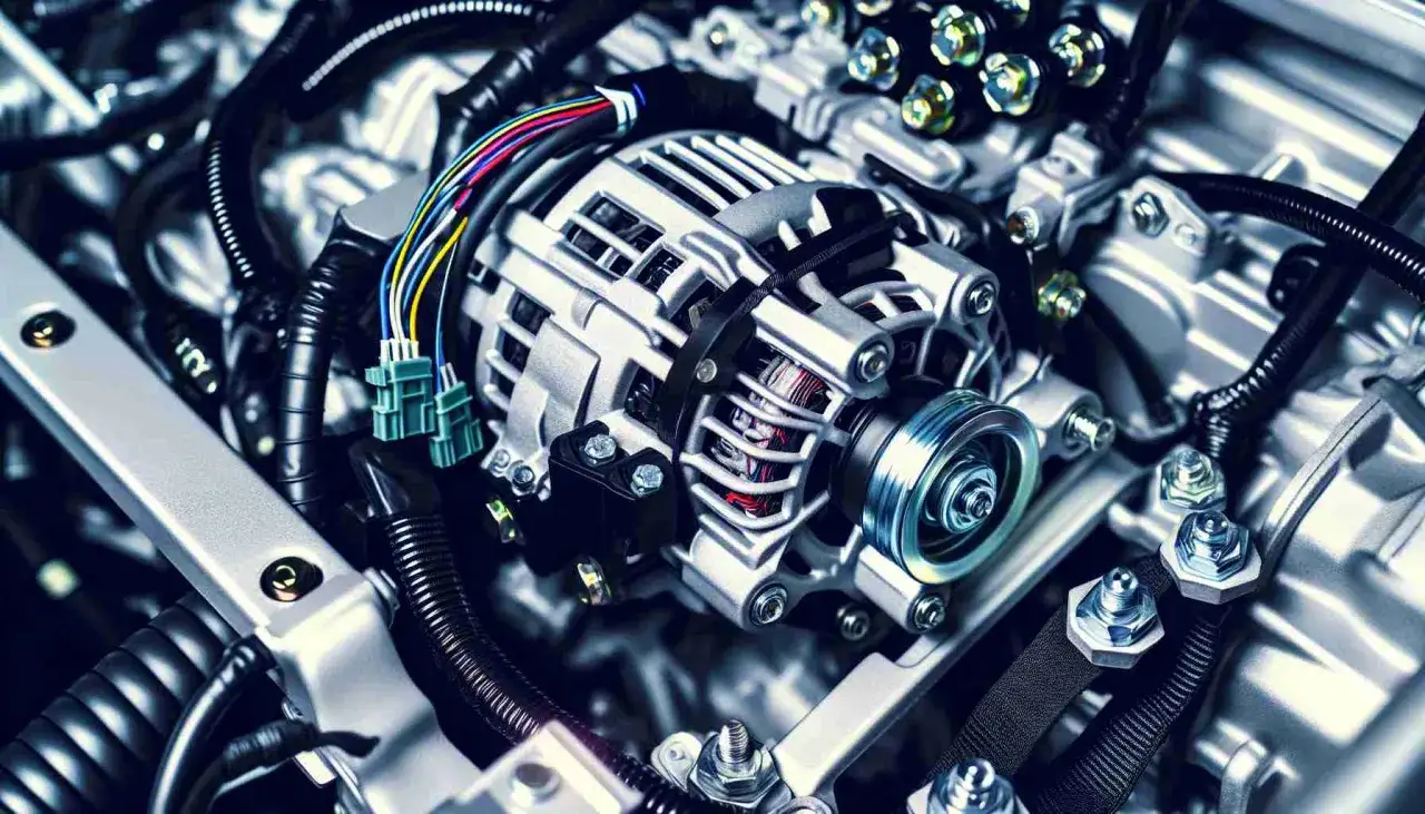 Detailaufnahme einer Lichtmaschine im Motorraum. M&ouml;gliche lichtmaschine defekt symptome sind hier nicht sichtbar, aber die Verkabelung und der Riemenantrieb sind klar erkennbar.