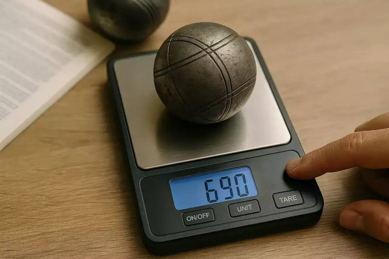 Une boule de p&eacute;tanque sur une balance num&eacute;rique affichant 690. Un guide pour comment choisir ses boules de p&eacute;tanque.