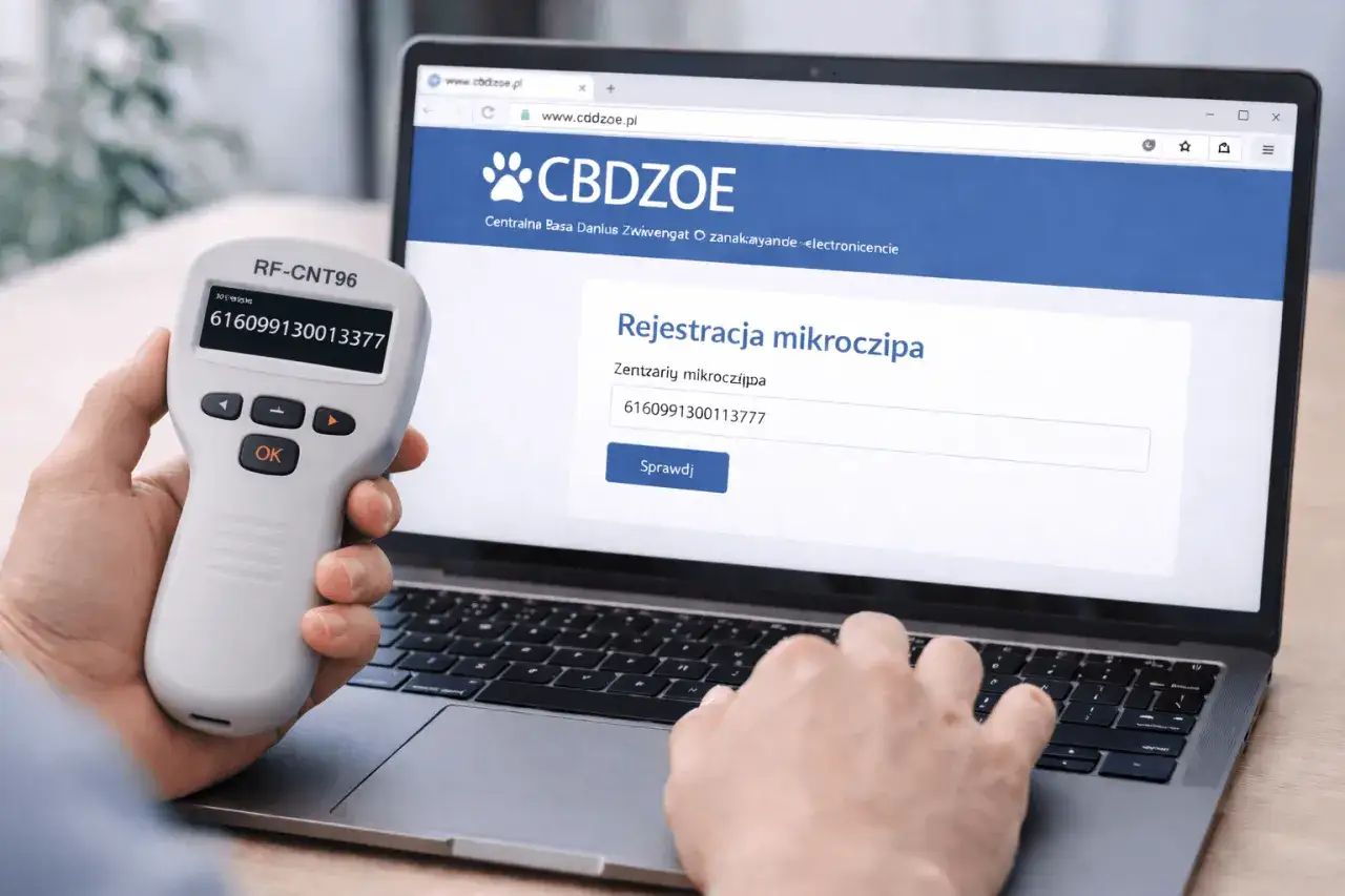 Czytnik mikroczipów pokazuje numer identyfikacyjny zwierzęcia, który można sprawdzić online.