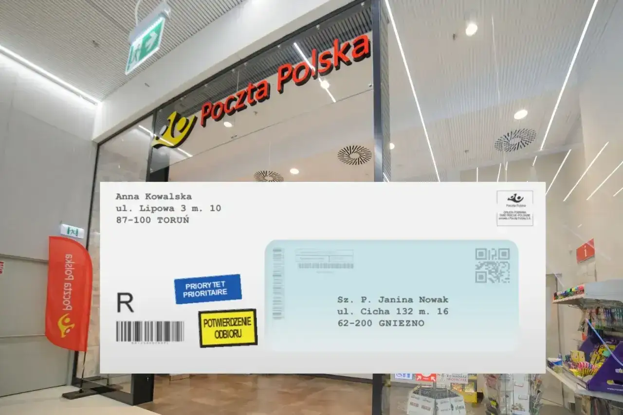 Awizo Poczty Polskiej. Sprawdź nadawcę Anny Kowalskiej z Torunia, adresowaną do Janiny Nowak z Gniezna.