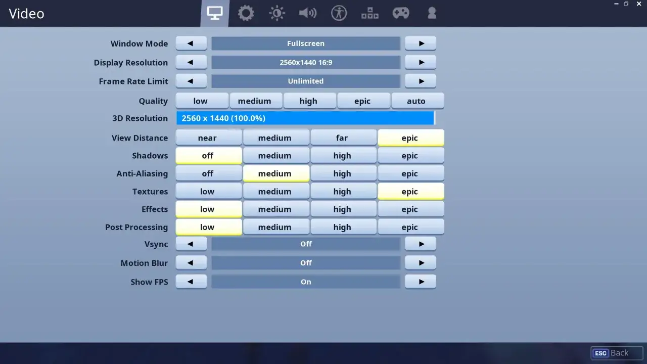 Ustawienia wideo Fortnite: rozdzielczość 2560x1440, jakość 