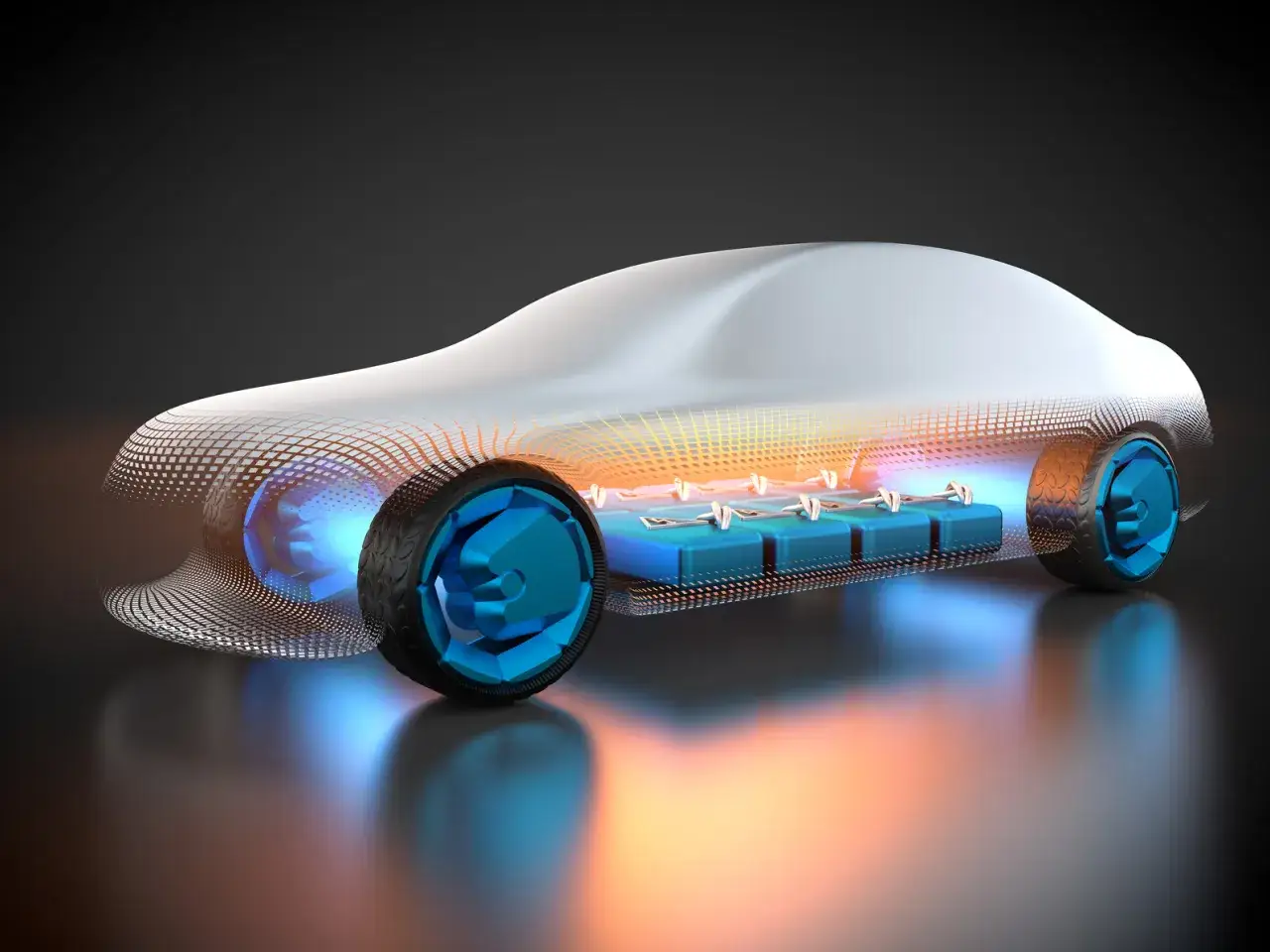 Futuristisches Auto mit sichtbaren Feststoffbatterie-Modulen im Inneren, die Energie f&uuml;r die blauen R&auml;der liefern.