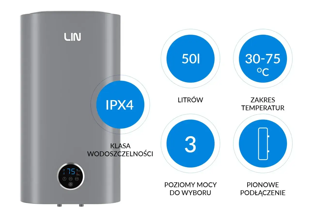 Szary bojler elektryczny LIN 50l, IPX4, 3 poziomy mocy, zakres temp. 30-75°C. Czy bojler elektryczny powinno się wyłączać?