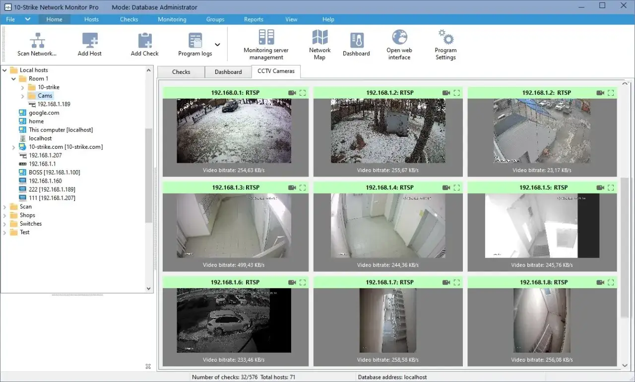 Interfaz de software para ver camara ip. Muestra m&uacute;ltiples transmisiones de video en vivo de diferentes c&aacute;maras IP, con informaci&oacute;n de bitrate.