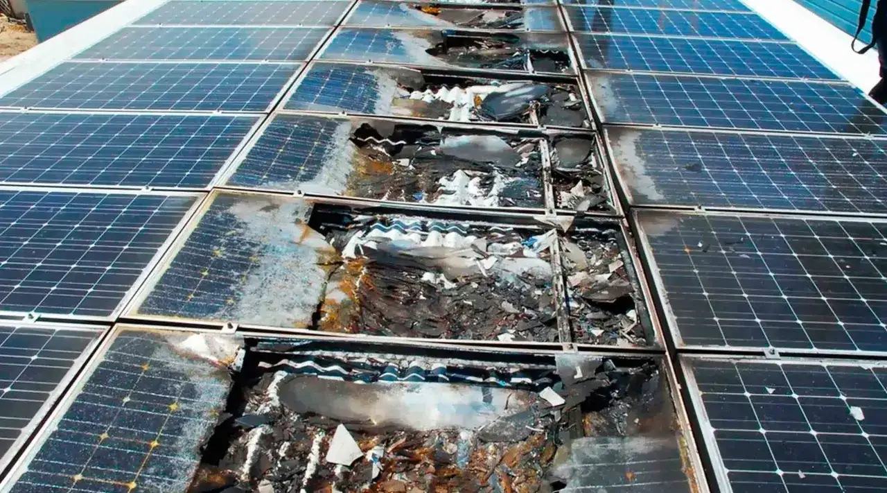 Daños severos en placas solares tras un incendio. Se observan paneles rotos y quemados, con restos de material calcinado.
