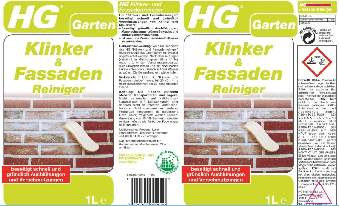 HG Klinker- und Fassadenreiniger: B&uuml;rste auf Ziegelwand, um Ausbl&uuml;hungen und Verschmutzungen zu beseitigen.