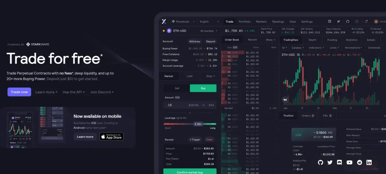 dydx crypto: Handel mit ETH-USD auf einer Plattform mit tiefen Liquidität und bis zu 20x mehr Kaufkraft. Kostenlose Perpetual Contracts.