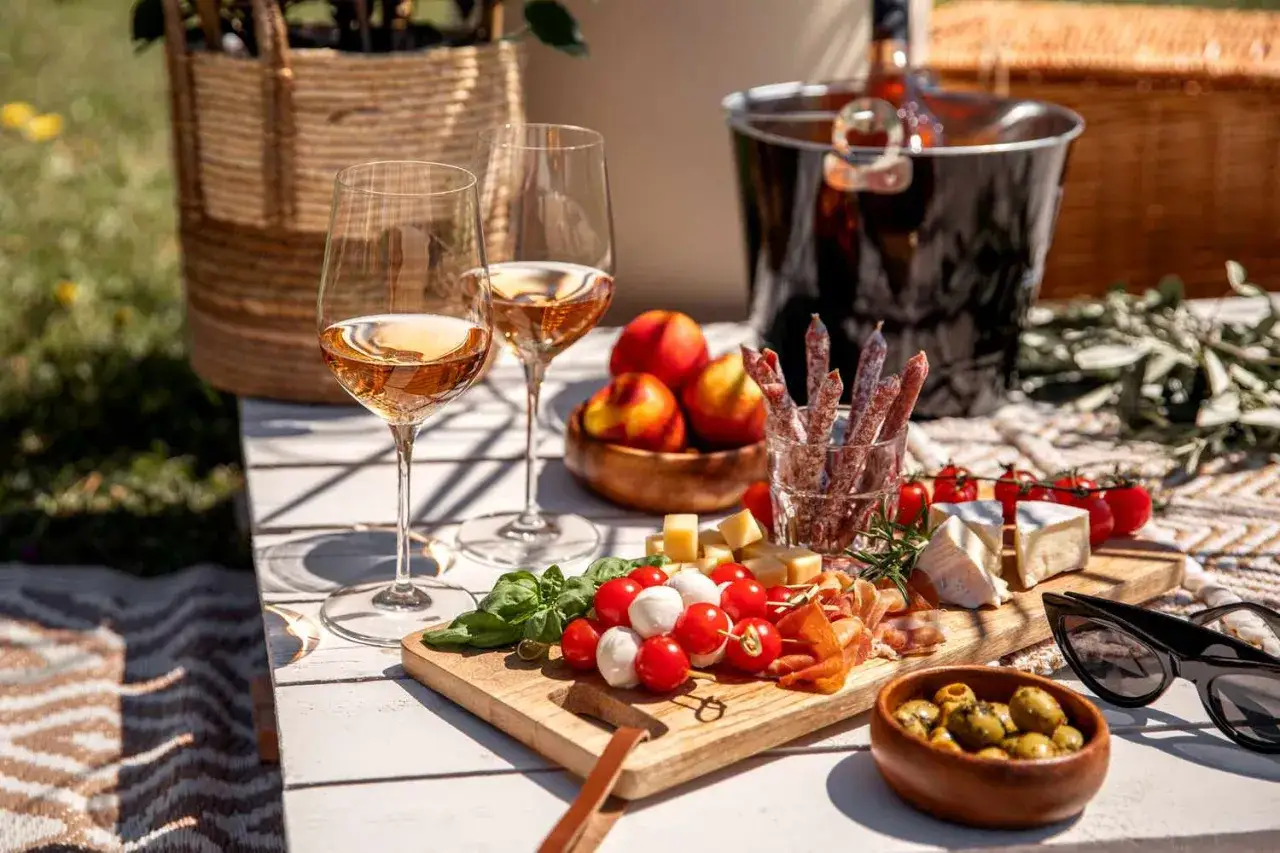 Ein Tisch mit einem italienischen Aperitif: Roséwein, Salami, Käse, Tomaten und Oliven.