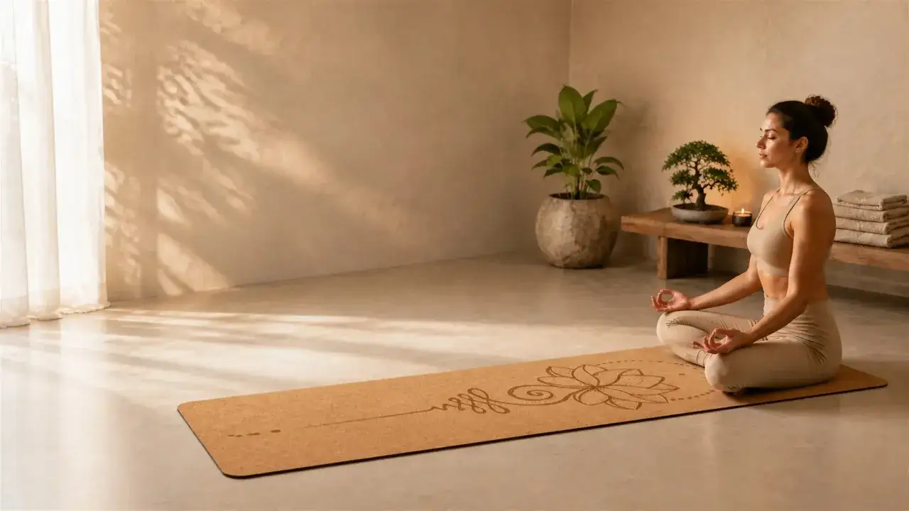 Femme m&eacute;ditant sur un tapis de yoga, un havre de paix pour apprendre comment s'apaiser. Lumi&egrave;re douce, plantes et bougie cr&eacute;ent une atmosph&egrave;re sereine.
