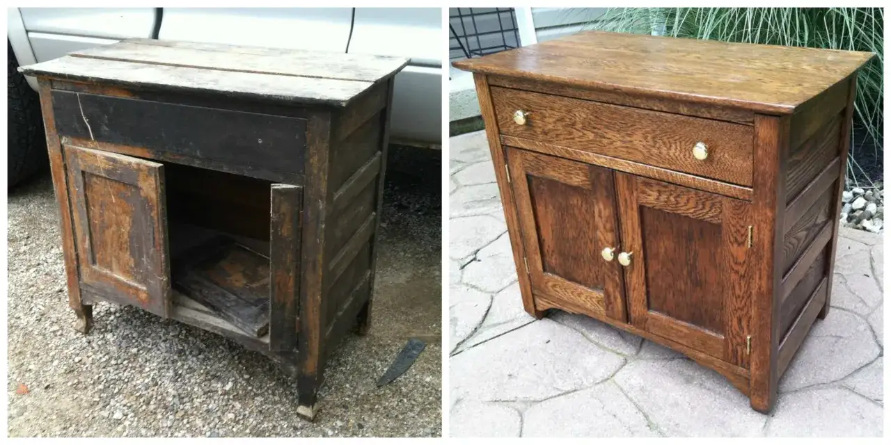 Avant/après d'une rénovation meuble ancien : un meuble en bois sombre et abîmé transformé en une pièce chaleureuse et fonctionnelle avec de nouvelles poignées.