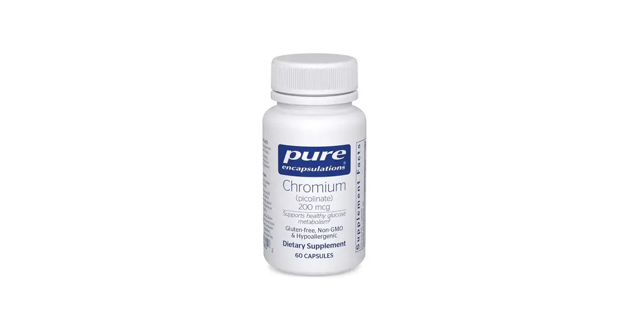 Biała butelka suplementu diety Pure Encapsulations Chromium (picolinate) 200 mcg. Opakowanie zawiera 60 kapsułek, wspiera metabolizm glukozy. Odpowiednie dawkowanie chromu jest kluczowe.