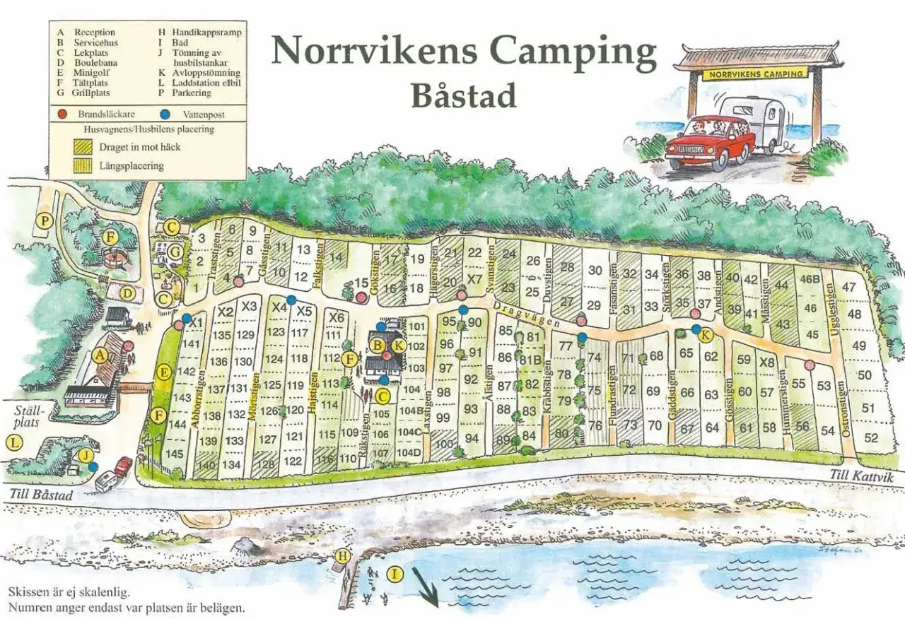 Karta &ouml;ver Norrvikens Camping i B&aring;stad, Sverige. Visar campingplatser, servicebyggnader och v&auml;gar.