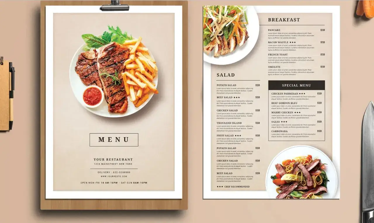 Menú de restaurante con varios tipos de menú: desayuno, ensaladas y especialidades. Incluye imágenes de platos.