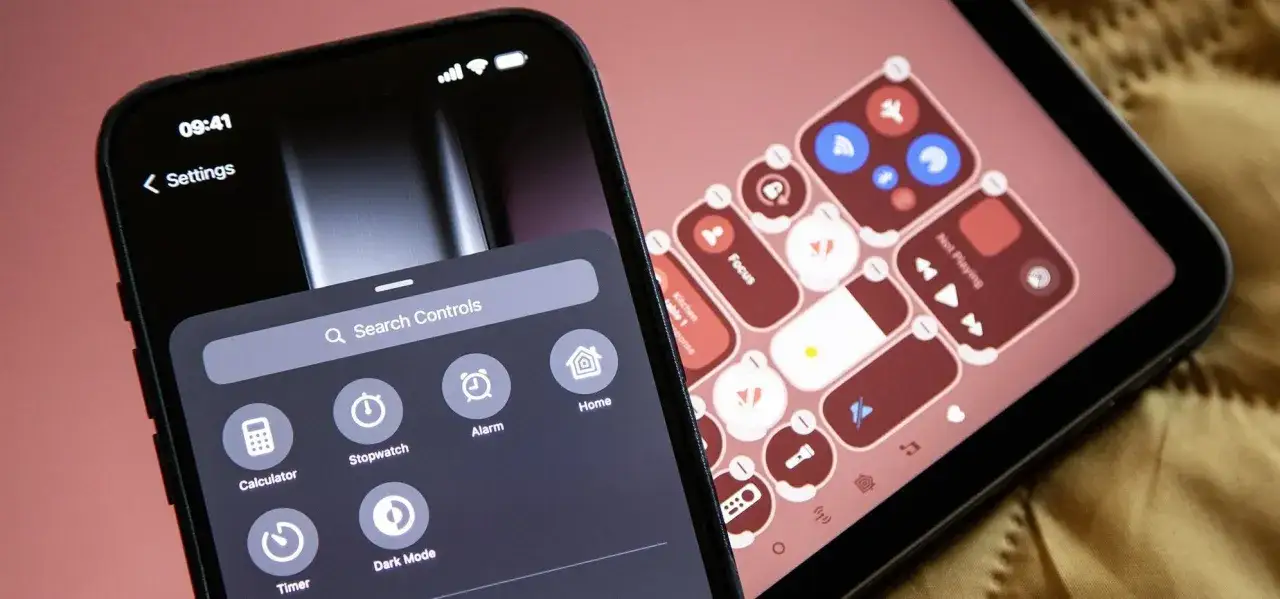 Ekran telefonu z systemem iOS, na którym widać menu Ustawienia i wyszukiwanie kontrolek. Obok widoczny tablet z widżetami.