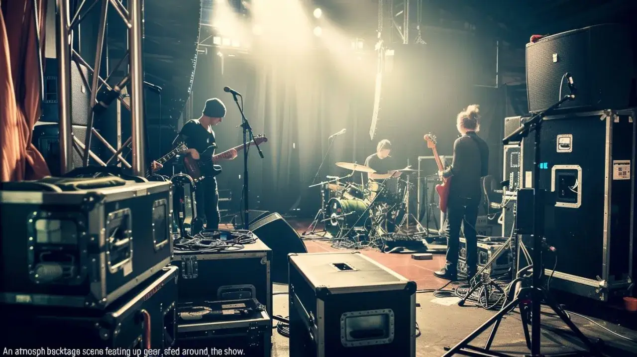 Banda preparándose en el backstage. Un guitarrista afina su instrumento, el baterista se sienta tras su kit. Así es como hacer un teaser: ¡mucha energía y equipo listo!