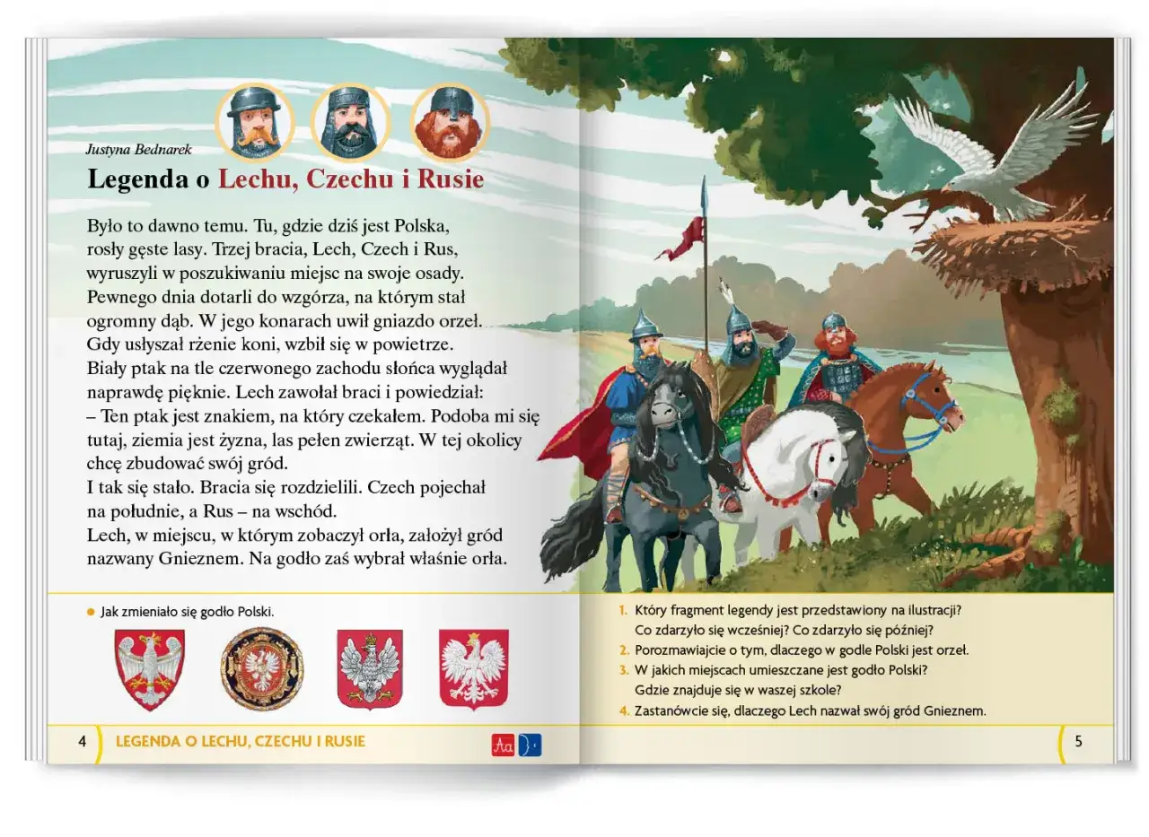 Ilustracja przedstawia braci Lecha, Czecha i Rusa, którzy wyruszyli na poszukiwanie ziemi. Lech widzi orła na dębie, co staje się początkiem legendy o Lechu, Czechu i Rusie.
