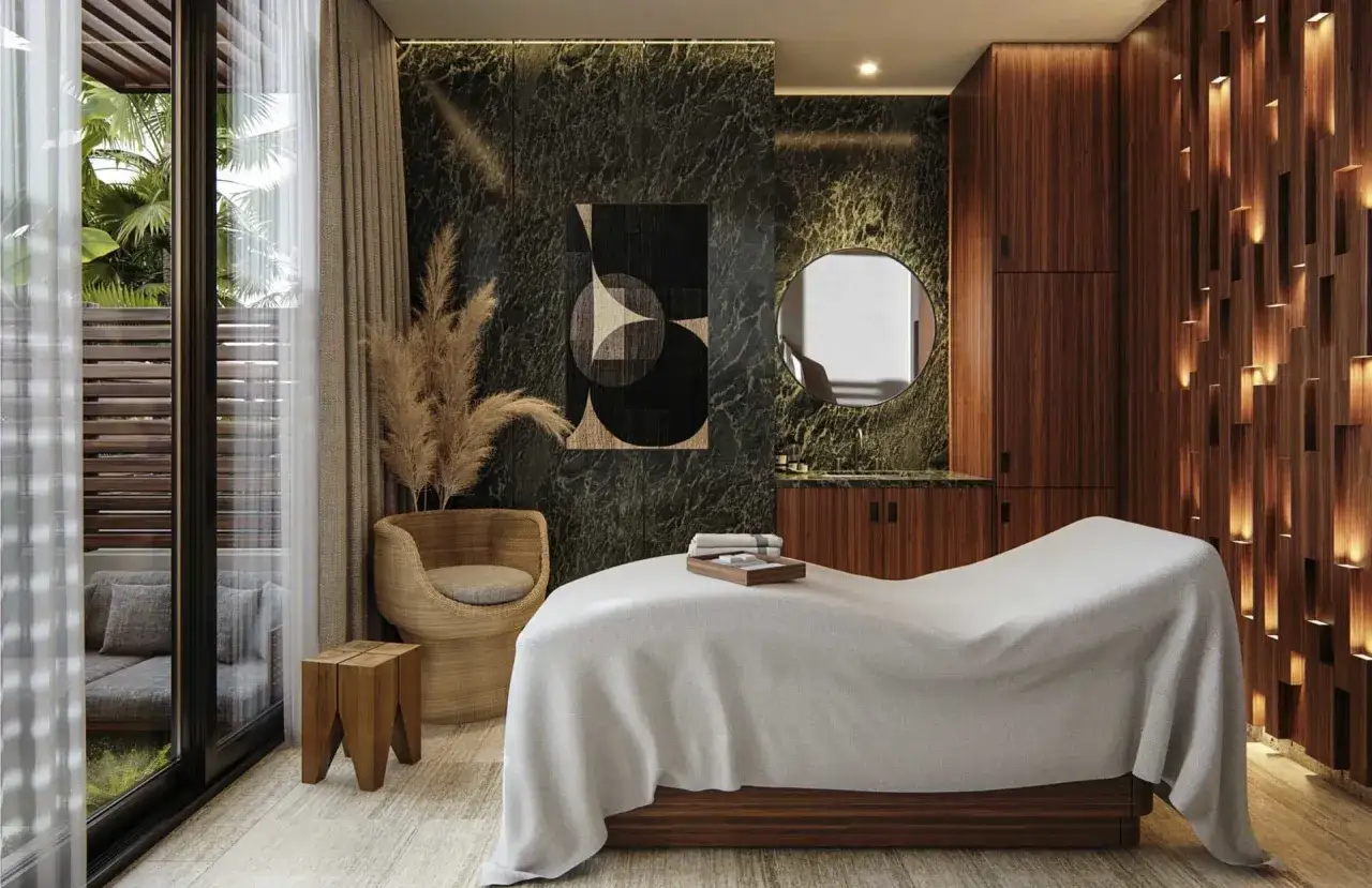 Elegante sala de masajes con camilla cubierta, silla de mimbre y arte abstracto. Ideas de spa en casa con iluminación cálida y detalles naturales.