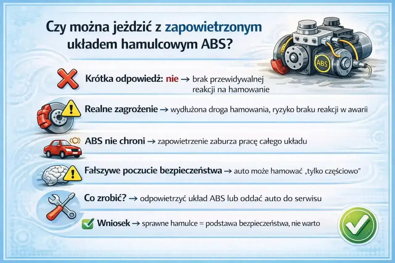 Zapowietrzone hamulce objawy: brak reakcji, wydłużona droga hamowania. ABS nie chroni. Odpowietrz układ lub oddaj auto do serwisu.