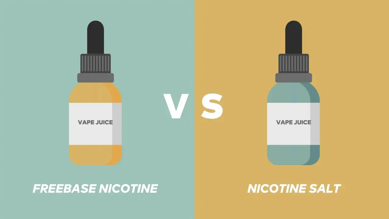 Dos botellas de vape juice, una con freebase nicotine y otra con nicotine salt.