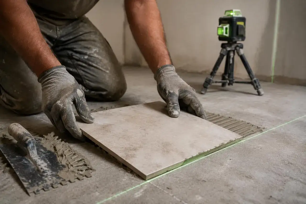Hj&auml;lpmedel f&ouml;r att lasera golv: en platts&auml;ttare med handskar placerar en platta p&aring; cement med en tandad spackel och en laser.