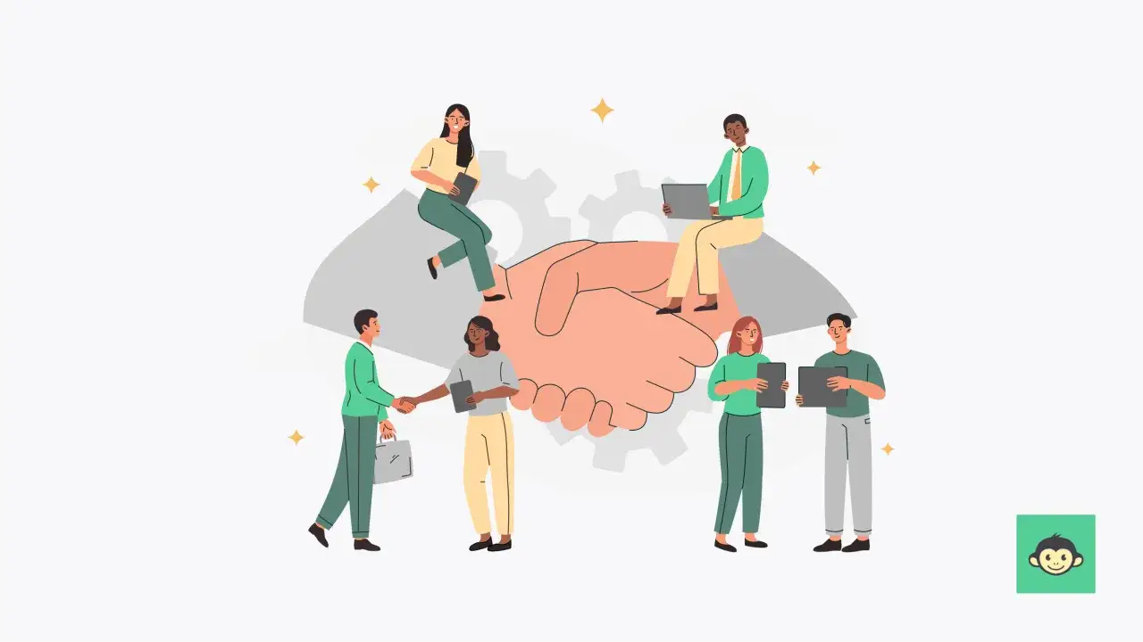 Illustration of diverse employees collaborating, symbolizing how to increase employee engagement survey participation through teamwork and feedback.