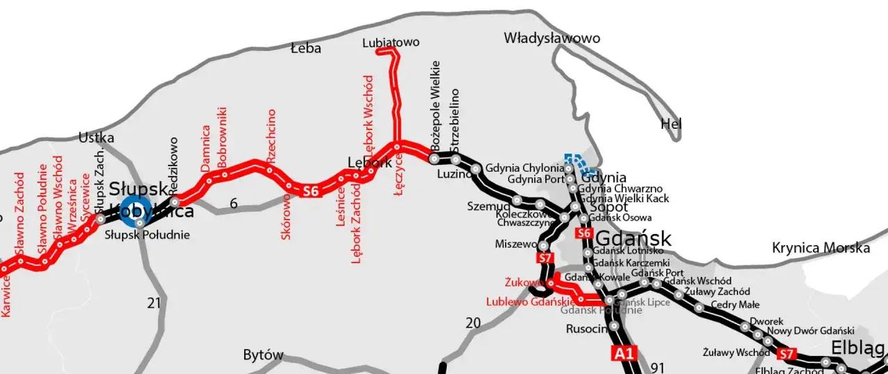 Mapa drogowa z zaznaczoną trasą S6 i S7, prowadzącą przez Słupsk, Lębork, Gdynię i Gdańsk, a także fragmentem drogi krajowej 91.