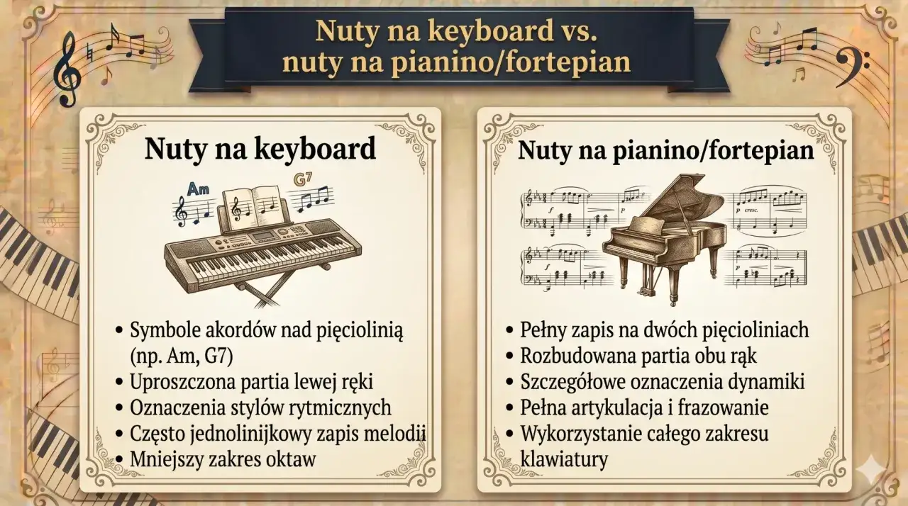 Por&oacute;wnanie zapisu nut na keyboard i pianino/fortepian. Keyboard ma uproszczony zapis, pianino pełny.