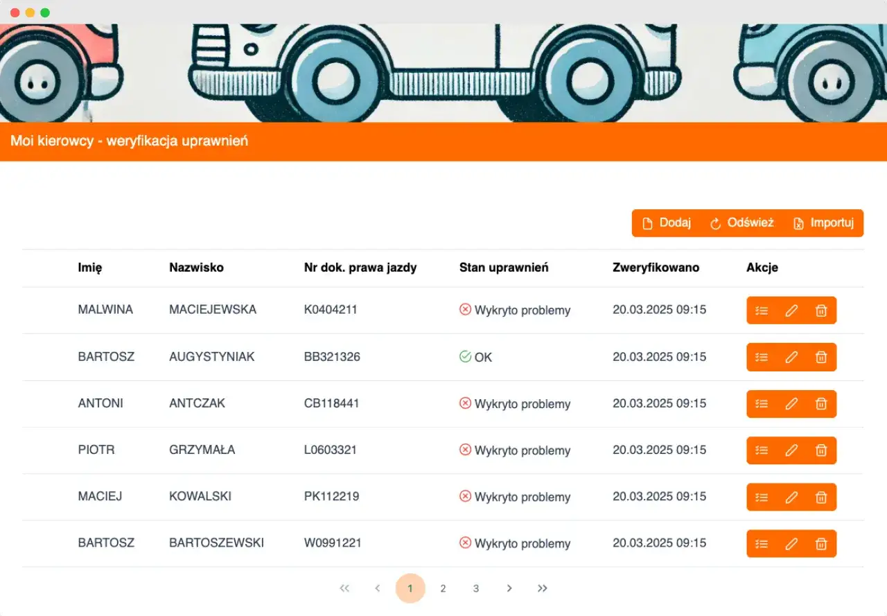 Tabela kierowców z informacją, jak sprawdzić czy ktoś ma zabrane prawo jazdy. Widoczne statusy: 