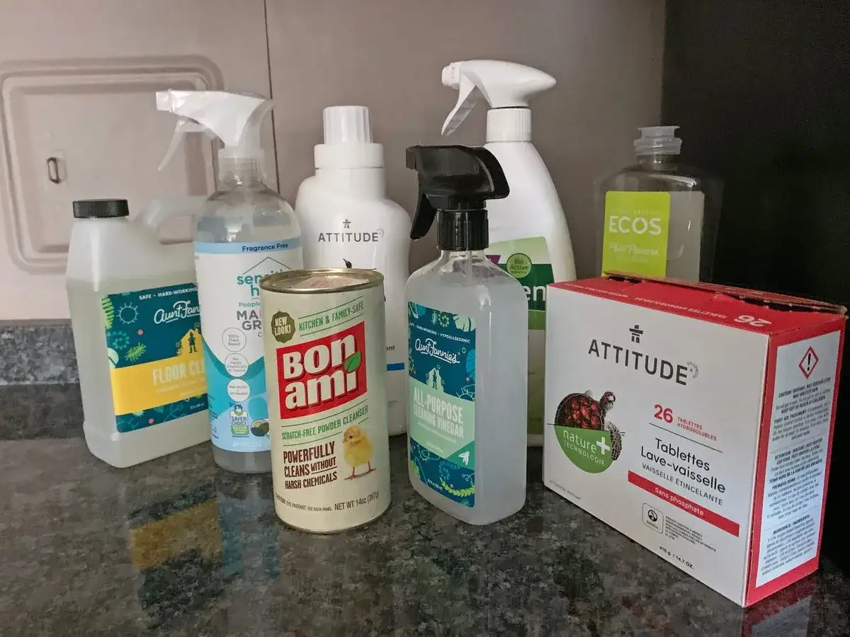Verschiedene Reinigungsmittel, darunter Bon Ami Pulverreiniger, Essigreiniger und Sp&uuml;lmaschinentabs, die sich gut f&uuml;r die Reinigung mit Soda oder Natron eignen.