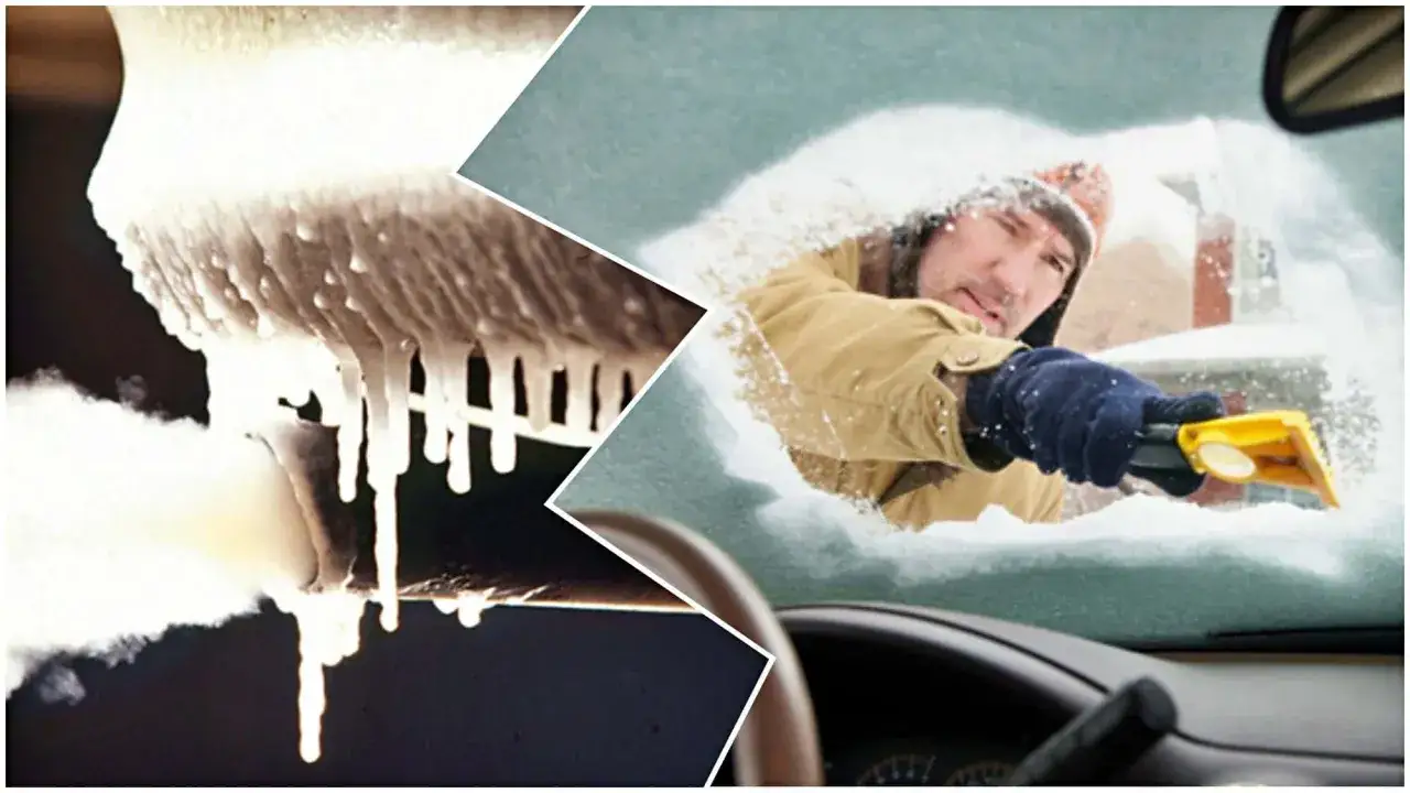Eiszapfen h&auml;ngen von einem Auto, w&auml;hrend ein Mann die Windschutzscheibe freikratzt. Den Motor laufen lassen hilft, das Eis zu schmelzen.