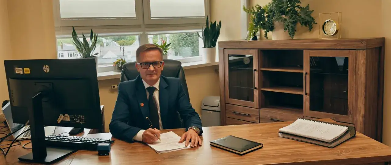 Mężczyzna w garniturze siedzi przy biurku, podpisując dokumenty. Zastanawiasz się, ile zarabia naczelnik urzędu skarbowego?
